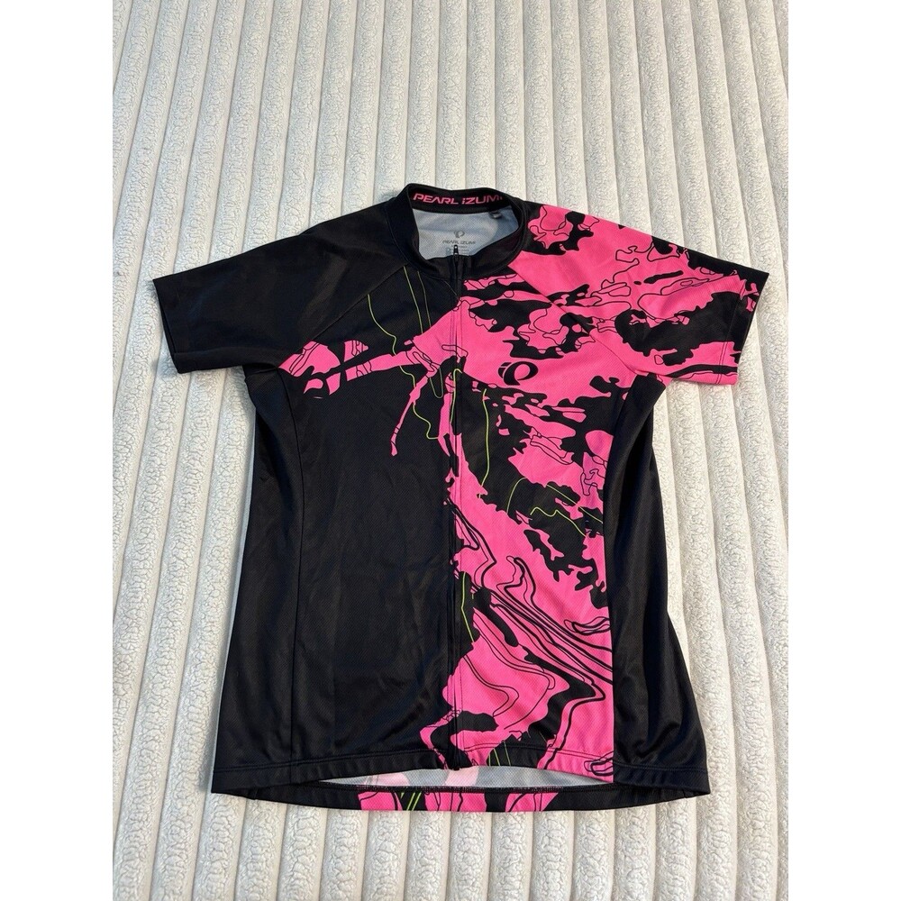 Pearl Izumi Full Zip Cycling T Shirt Womens Medium Pink Black Trippy Paint Spill
